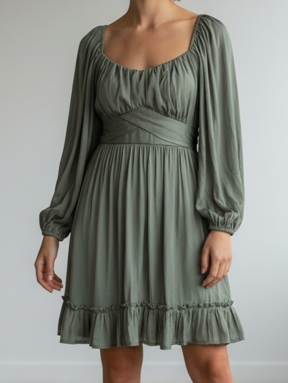 Altar'd State Sage Green Long Sleeve Ruffled Waist Balloon Sleeve Dress S